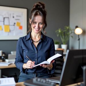 Lächelnde Trainerin mit Notizbuch steht vor ihrem Arbeitsplatz mit Computer und Pflanzen - die menschliche Komponente bei der KI-gestützten Content-Erstellung.